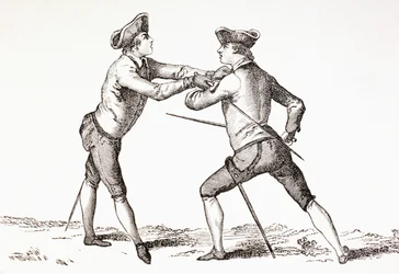 Un épéiste sur le point de désarmer son adversaire et en position prêt à porter un coup, de 